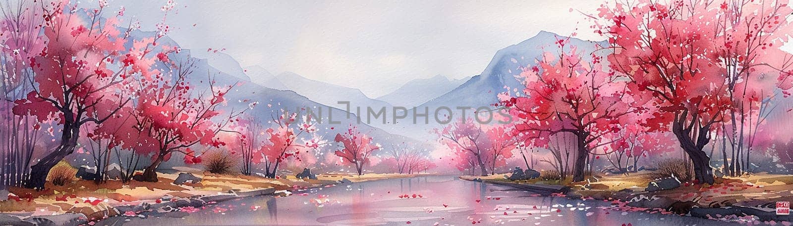 Cherry blossom avenue depicted with delicate watercolor washes creating a dreamlike ambiance.