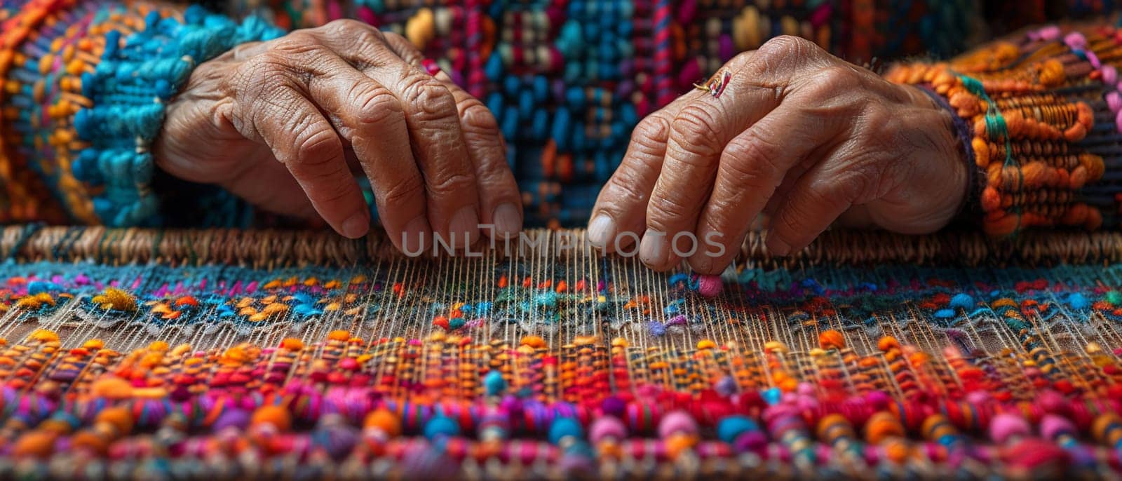 Hands weaving an enchanting tapestry, illustrated with patterns that come alive in a dance of colors.