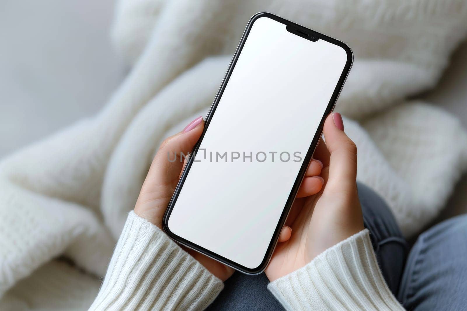 hand woman playing smart phone with Blank advertising mockup screen for advertainment. generative AI..