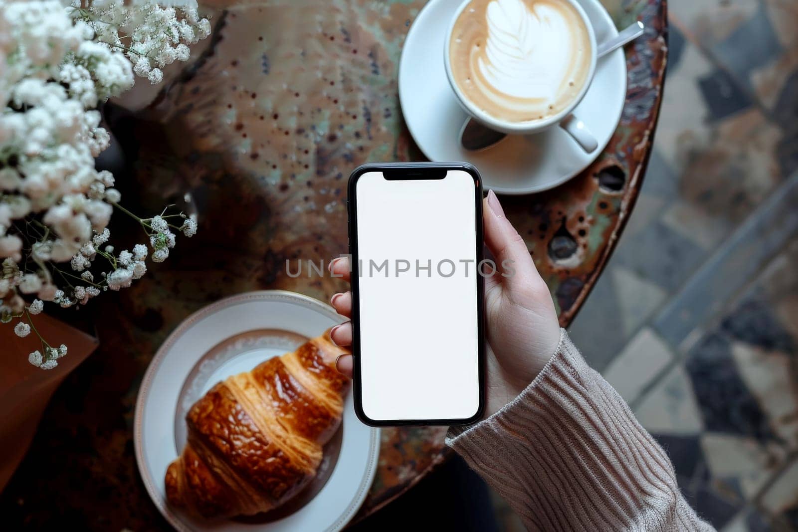 hand woman playing smart phone with Blank advertising mockup screen. a bakery on background. generative AI. by matamnad