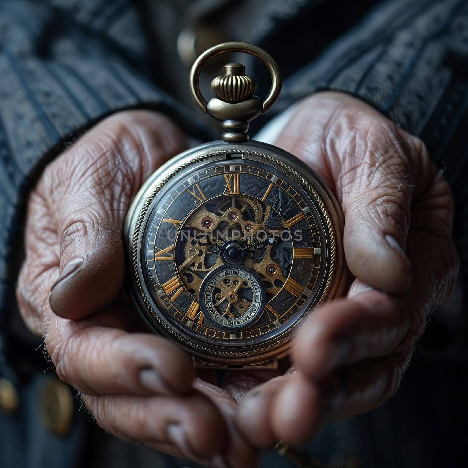 Time traveler's hands setting a vintage pocket watch, rendered with a steampunk aesthetic and Victorian flair.
