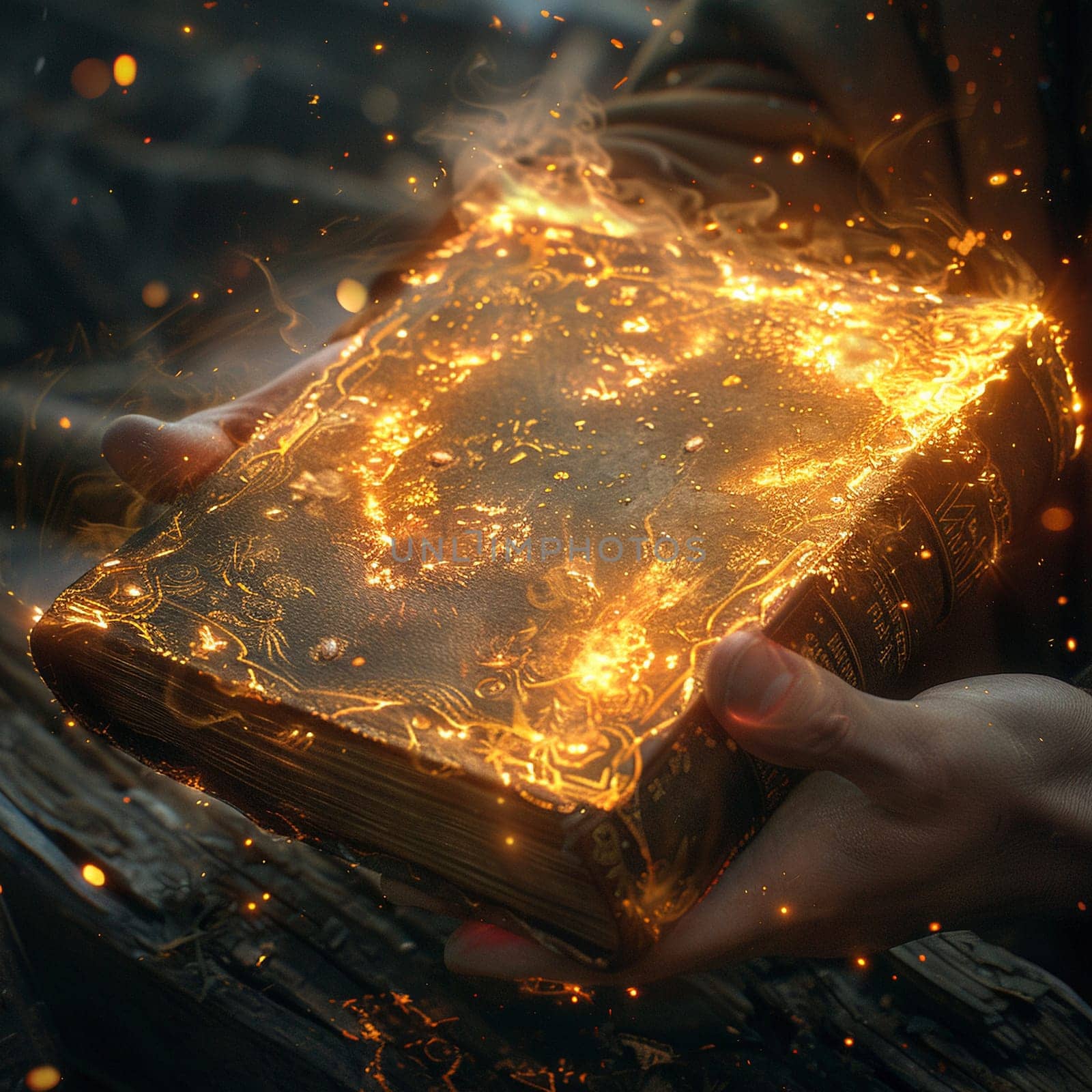 Hands gripping a magical tome that radiates ancient knowledge, illustrated with ethereal light effects.