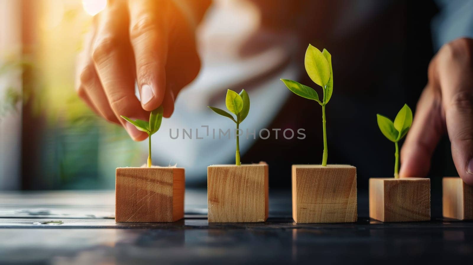 A businessman hold a wooden blocks with a growing plant. finance concepts .ai geneartive by matamnad