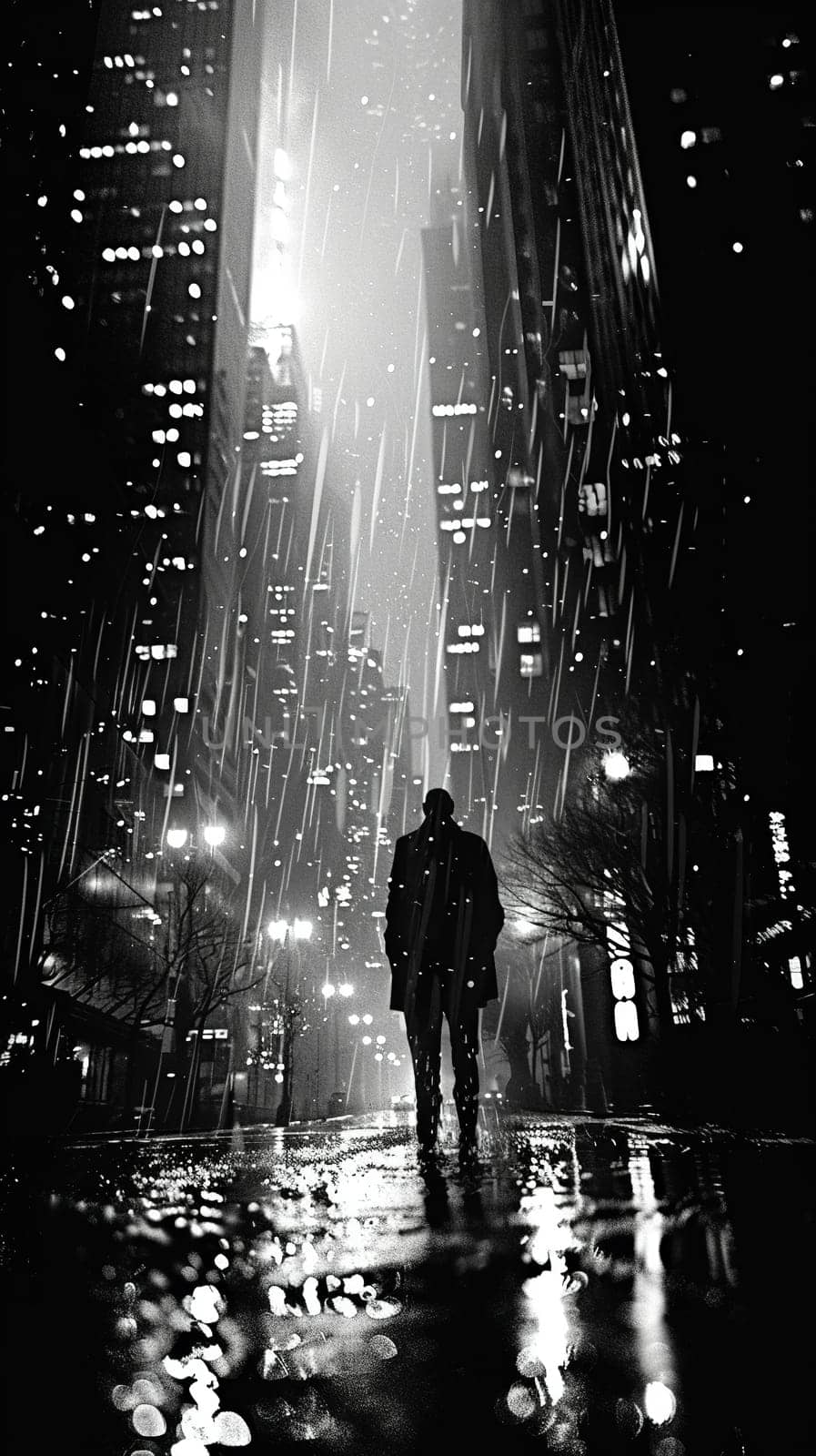 Midnight city walk rendered in a noir comic style, with stark black-and-white contrasts and dramatic shadows.