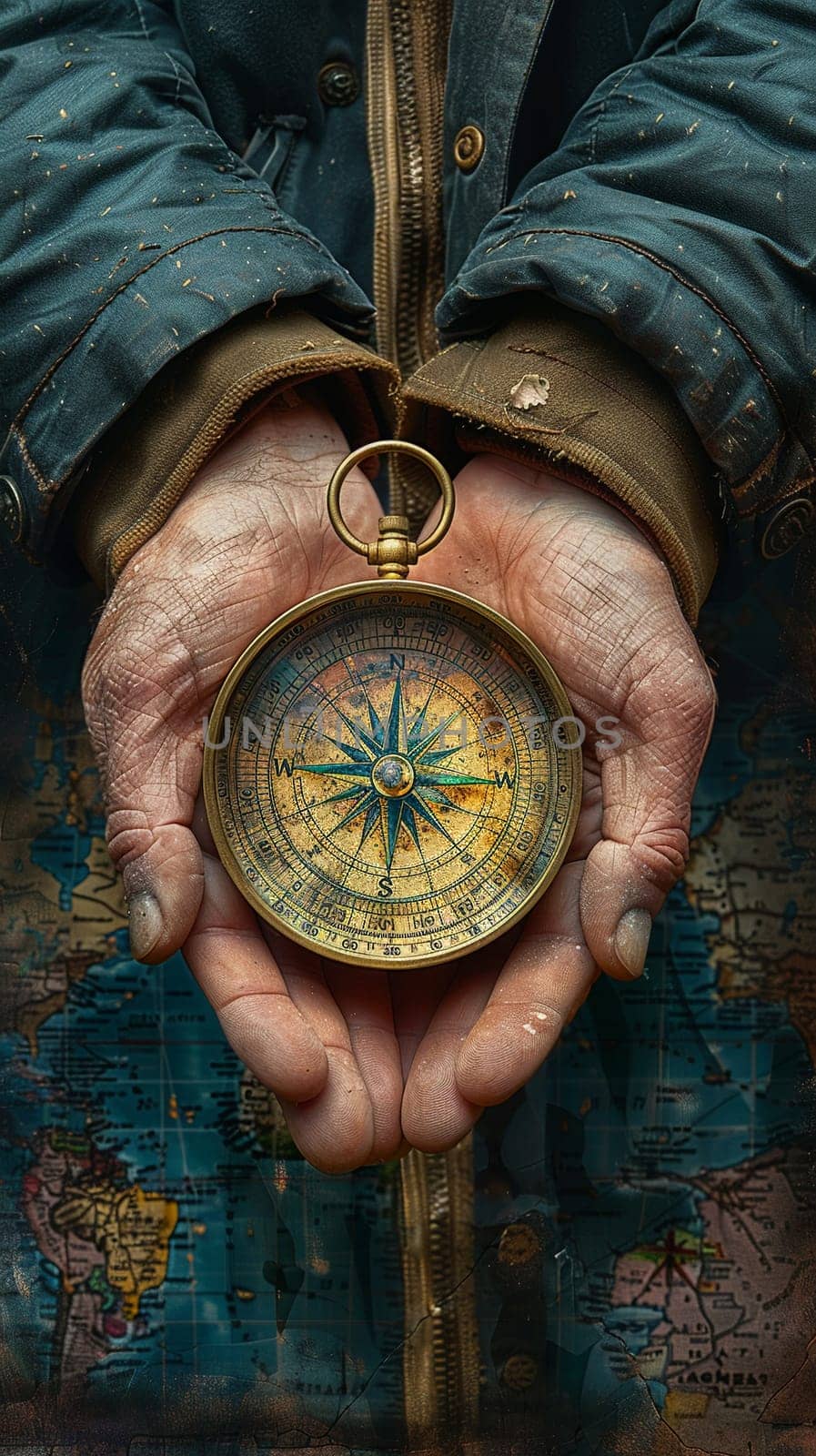 Hands holding a compass that points to adventure, rendered with a vintage explorer's map aesthetic.
