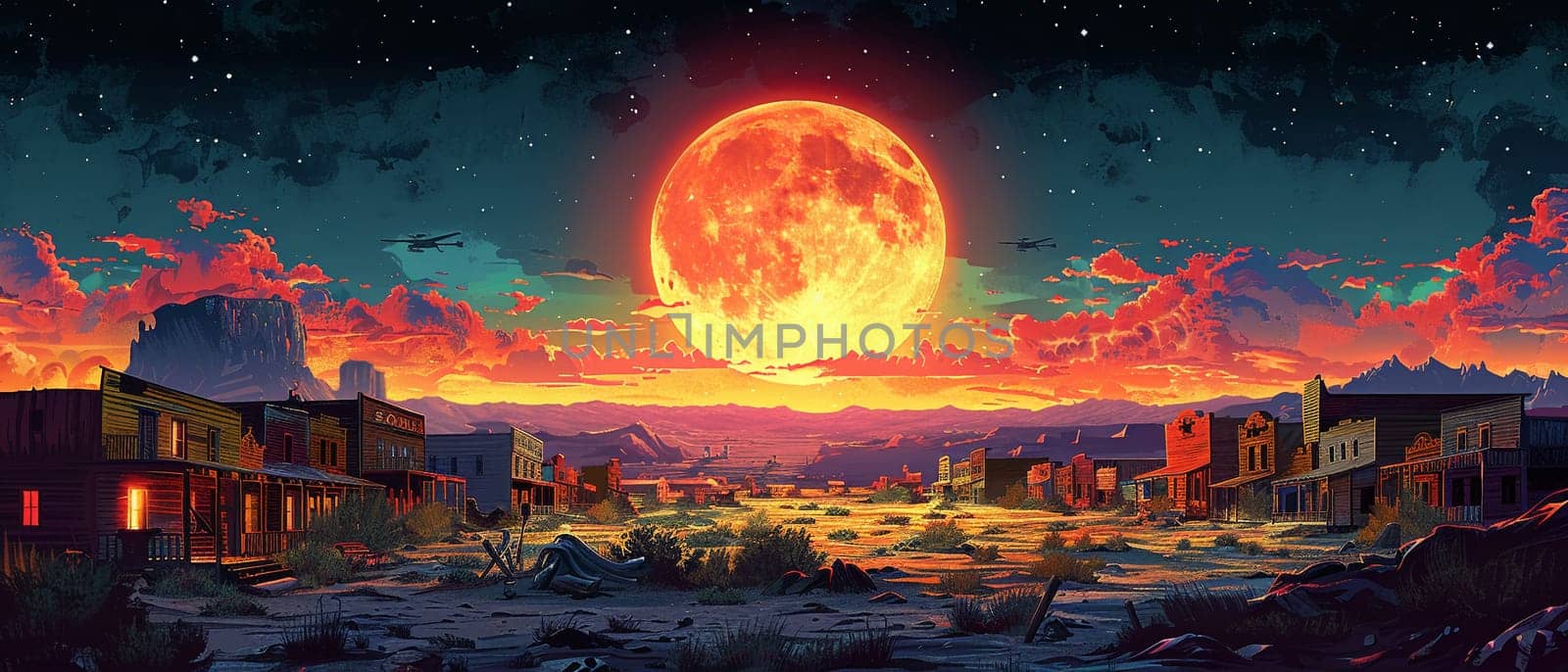 Wild west town at high noon, captured in a spaghetti western illustration with heat and tension.