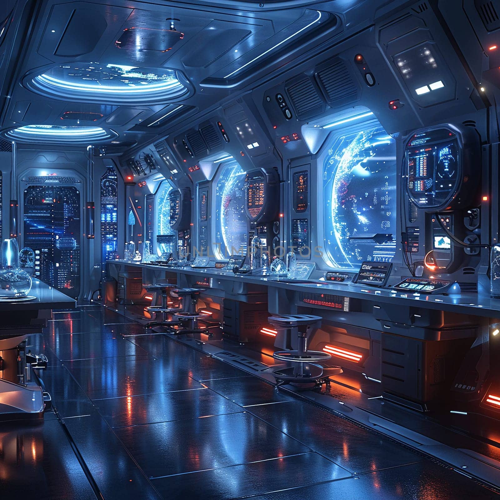 Futuristic lab with holographic interfaces, rendered in a sleek, high-tech digital art style.