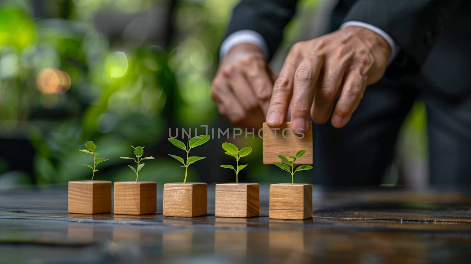 A businessman hold a wooden blocks with a growing plant. finance concepts .ai geneartive by matamnad