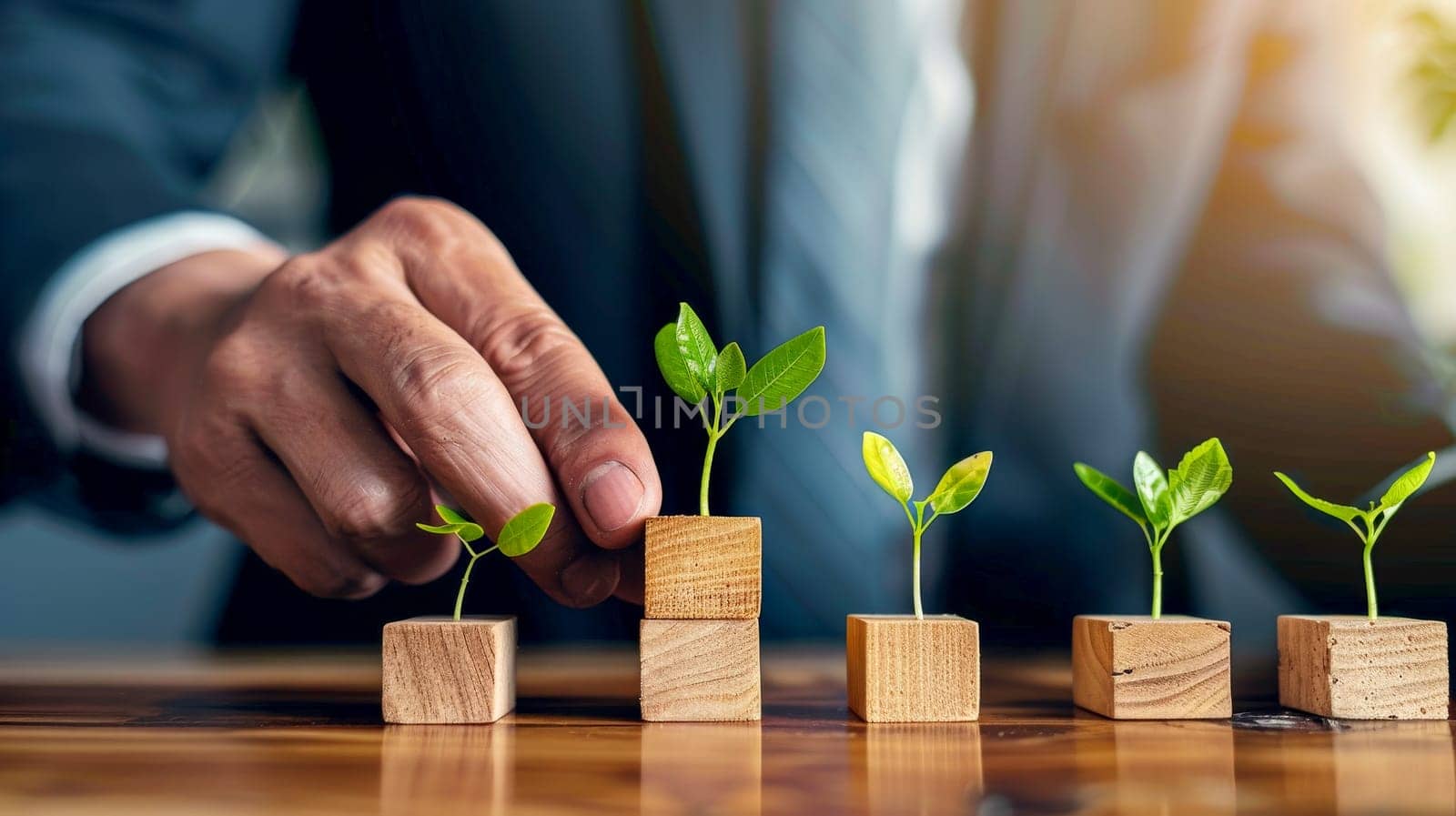 A businessman hold a wooden blocks with a growing plant. finance concepts .ai geneartive.