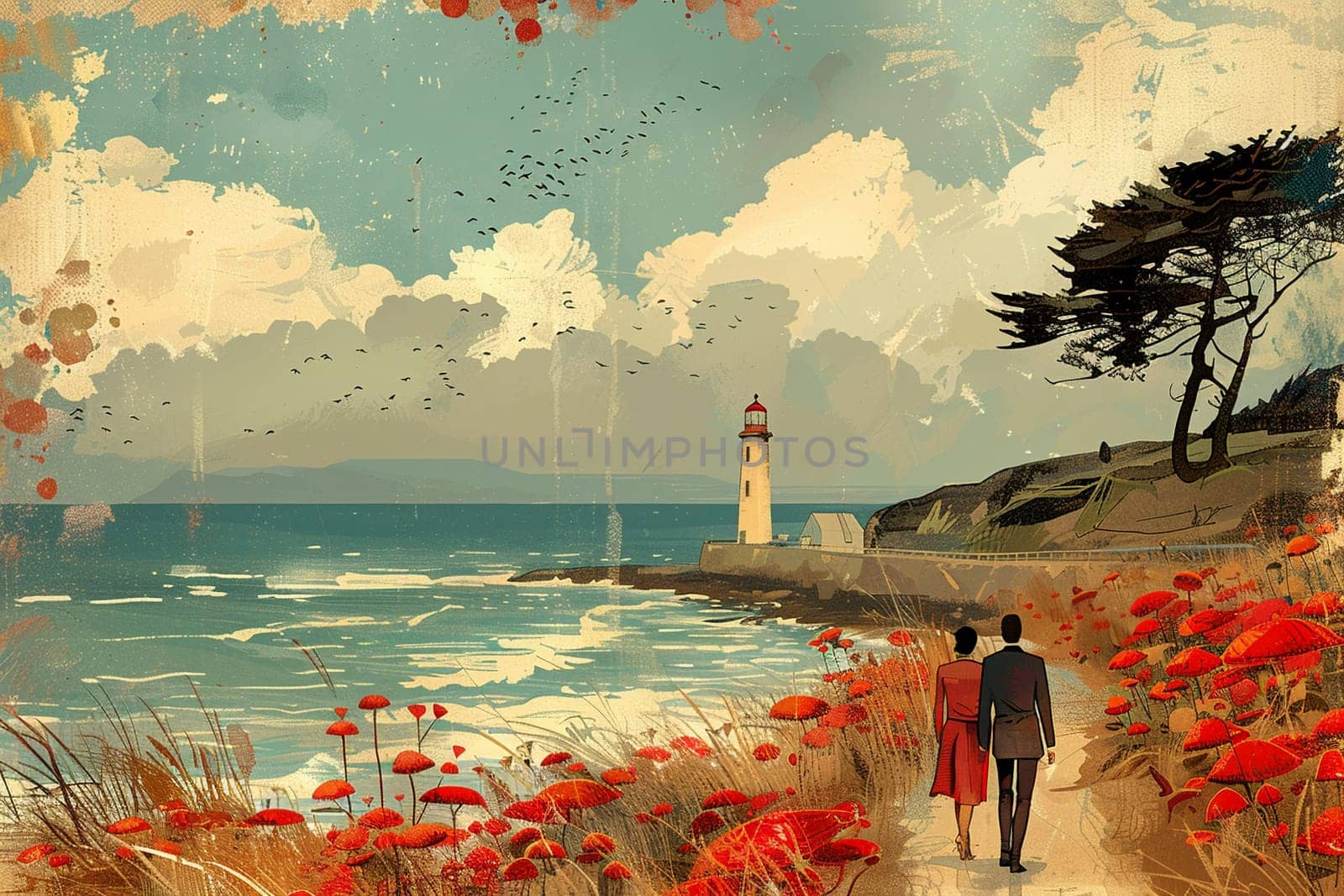 Seaside stroll illustrated in a classic British seaside postcard style by Benzoix