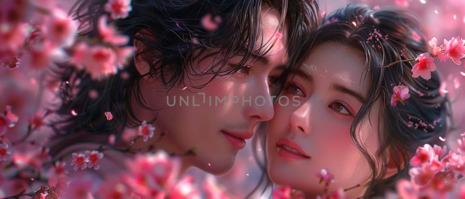 Intimate moment under cherry blossoms illustrated in a soft by Benzoix
