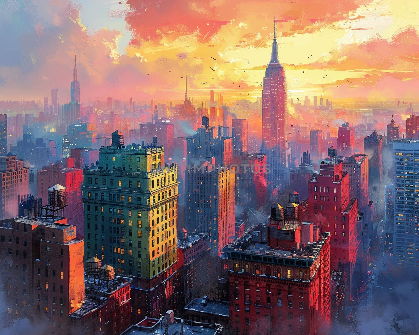 City overlook rendered in an expressive, painterly style, with loose brushwork and a vibrant palette.