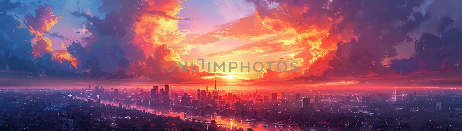 Sunset vista over the city illustrated with warm, glowing pastels and soft, blending techniques.