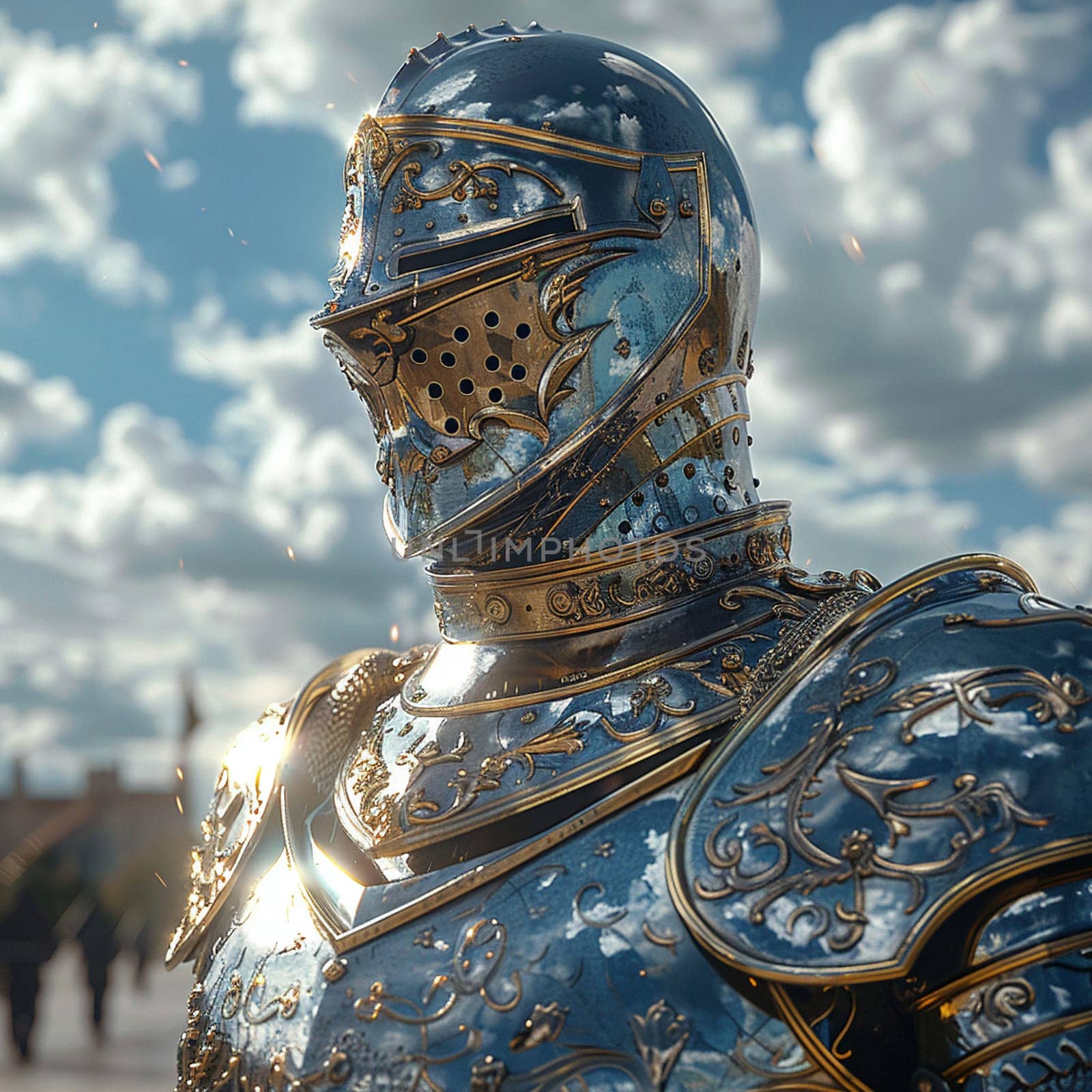 A knight's shining armor detailed in a 3D render, reflecting a tumultuous sky and a looming battle.