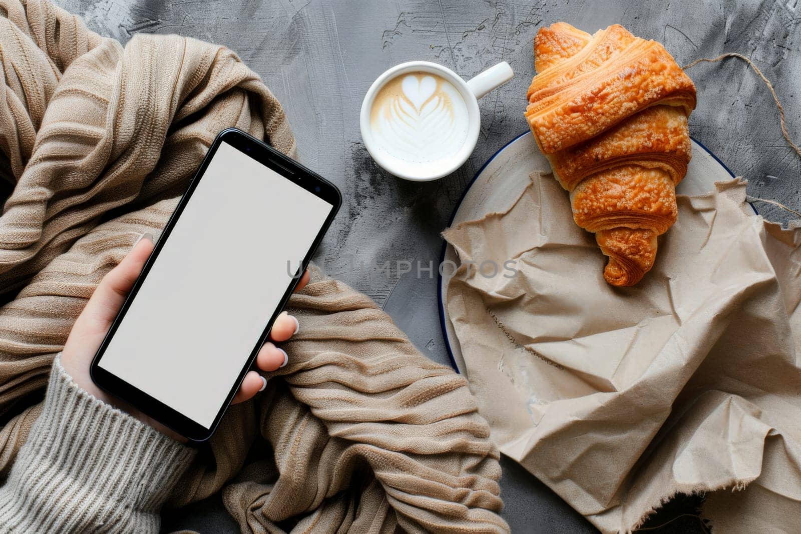 hand woman playing smart phone with Blank advertising mockup screen. a bakery on background. generative AI..