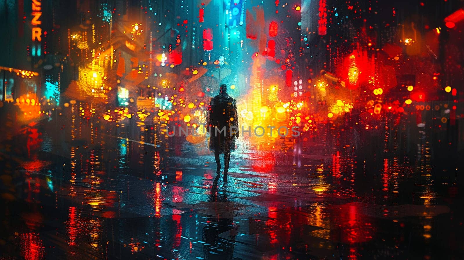 Vibrant digital painting of a figure navigating through neon-lit streets by Benzoix