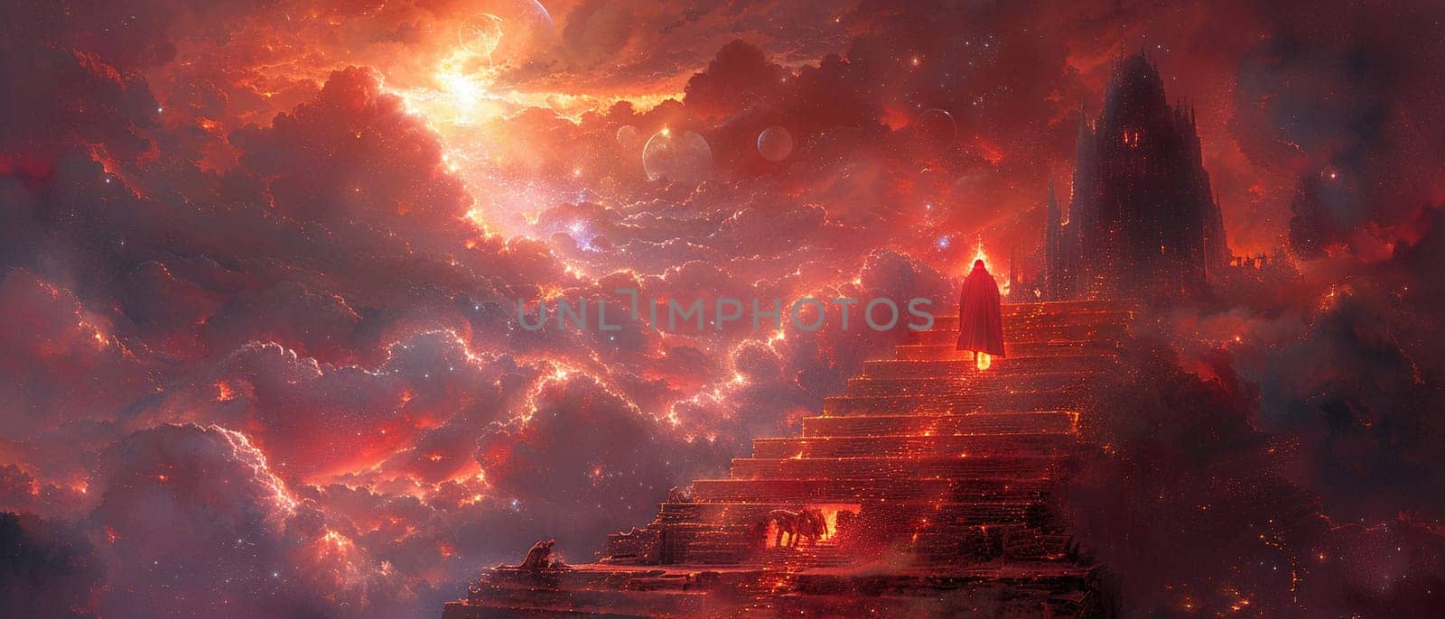 Champion ascending the steps to a celestial arena, their resolve a flame in the ascent.