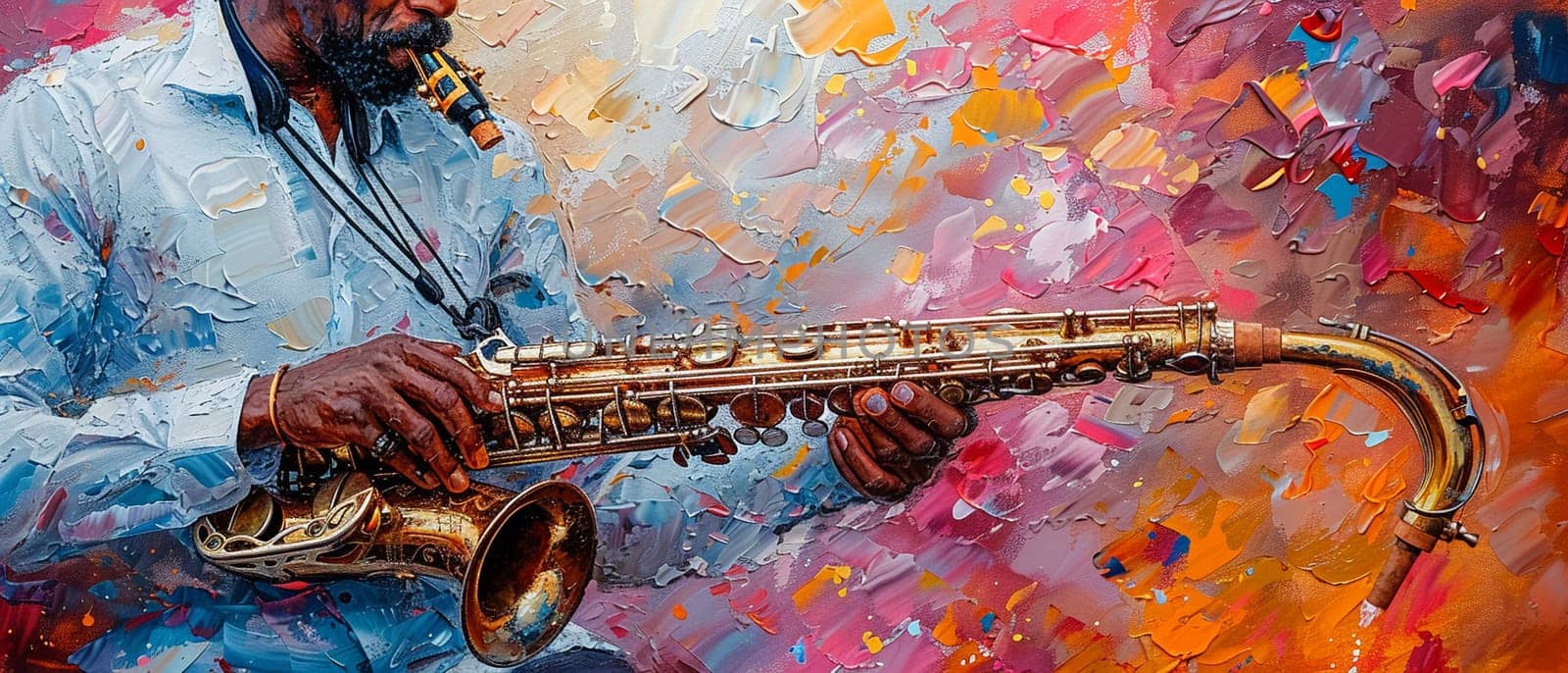 Jazz musician's hands on a saxophone, painted with soulful brushstrokes and deep, resonant colors.
