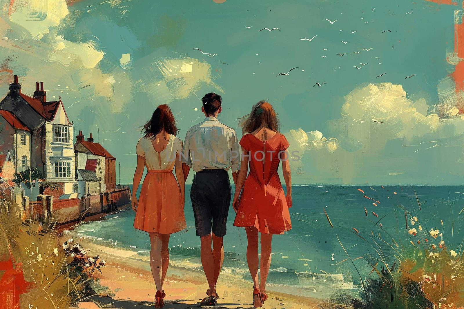 Seaside stroll illustrated in a classic British seaside postcard style by Benzoix