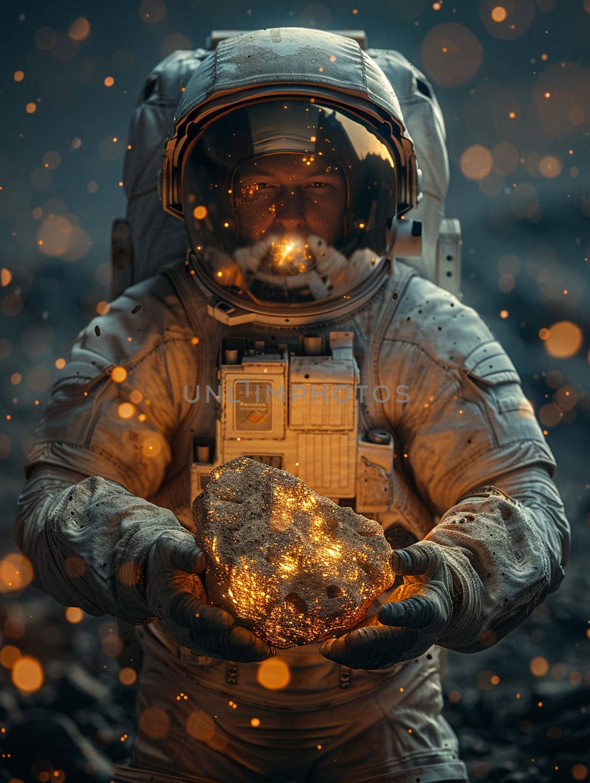 Astronaut's hands holding a martian rock, rendered in a photorealistic style against the backdrop of space.