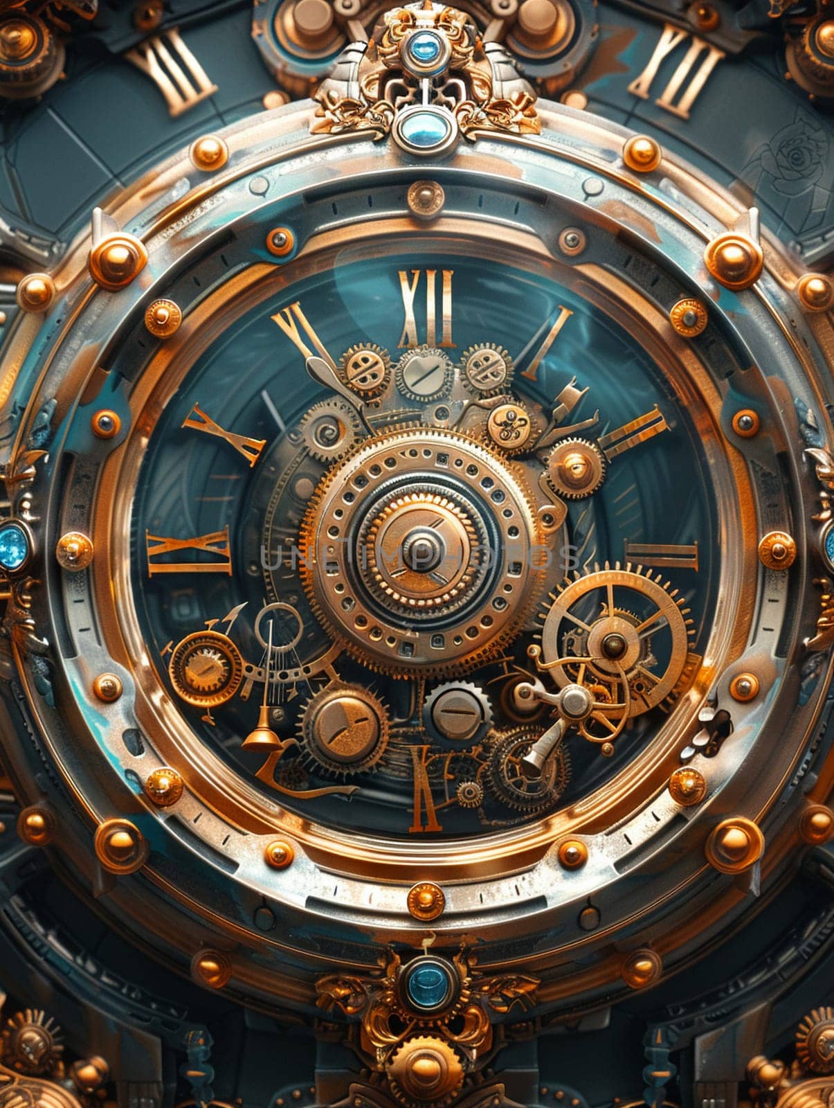 Ornate clockwork mechanism detailed in a steampunk illustration style with metallic sheen and gears. by Benzoix