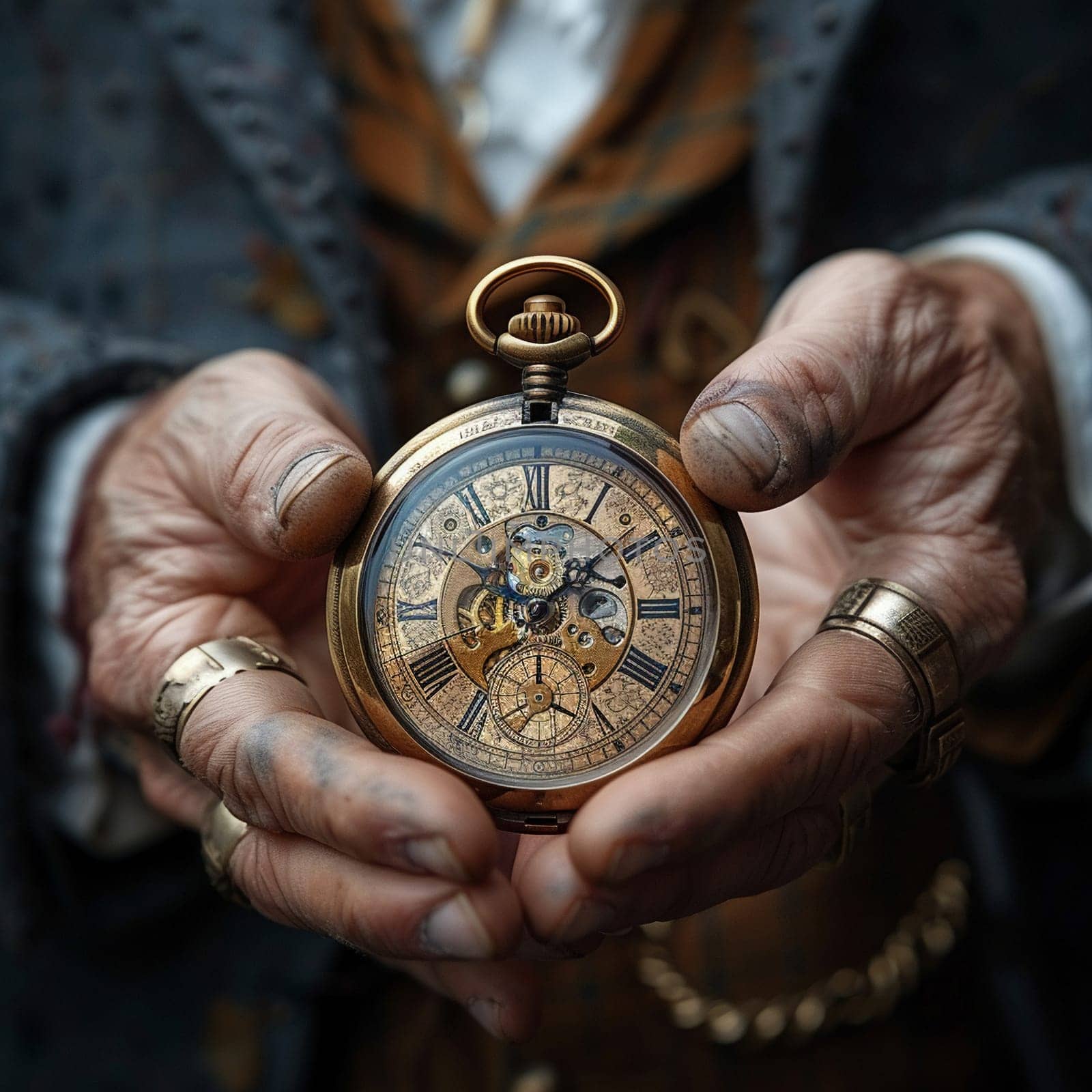 Time travelers hands setting a vintage pocket watch by Benzoix