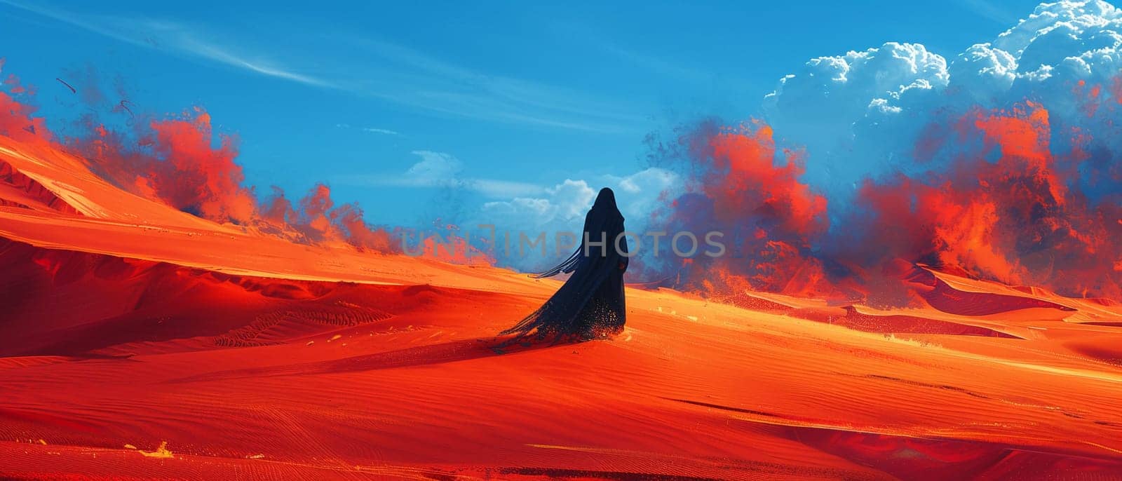 Desert nomad's silhouette against a vast dune, rendered in a minimalist style with an endless horizon.
