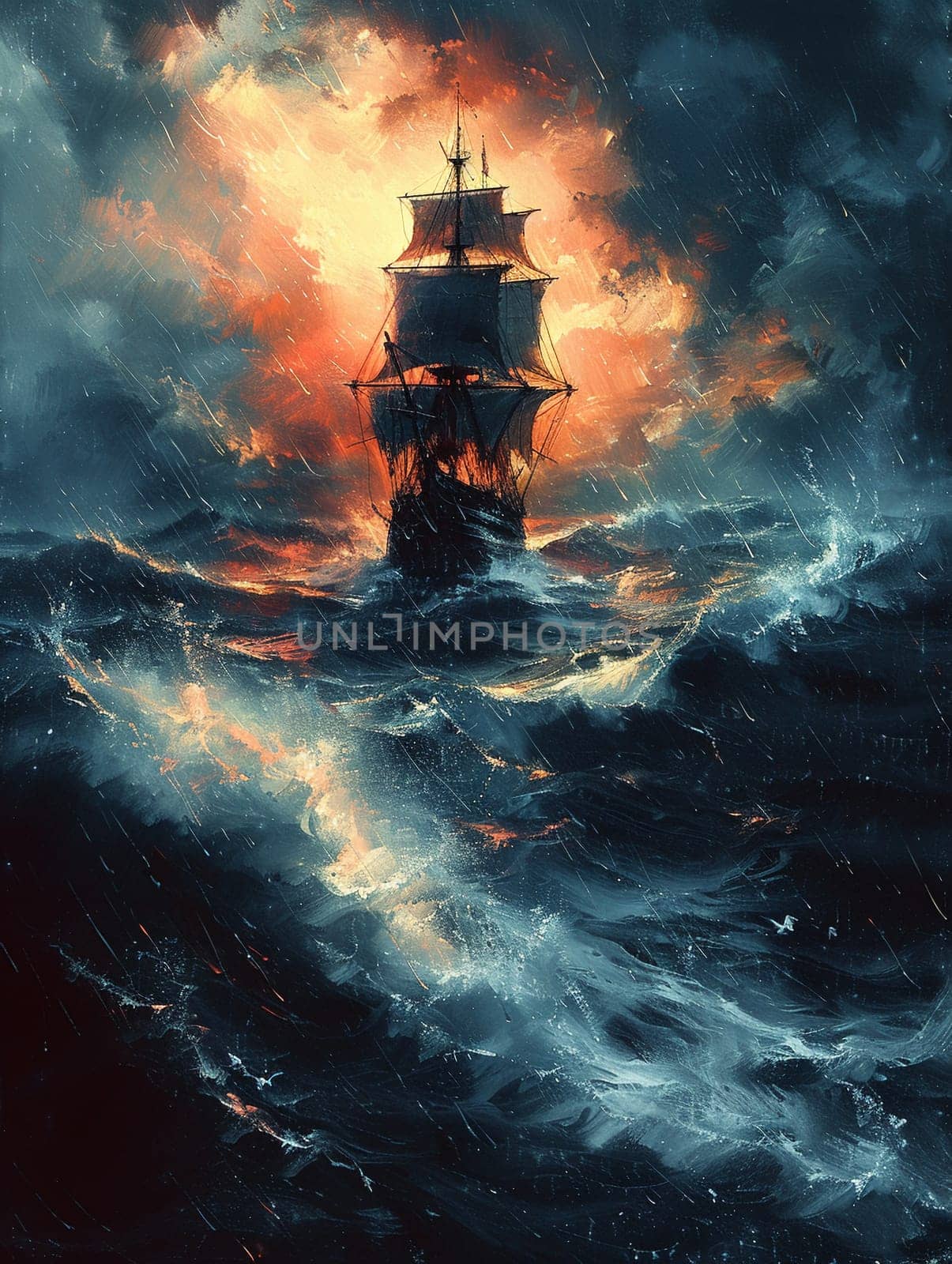 Stormy sea voyage illustrated with dynamic brushstrokes and a moody by Benzoix