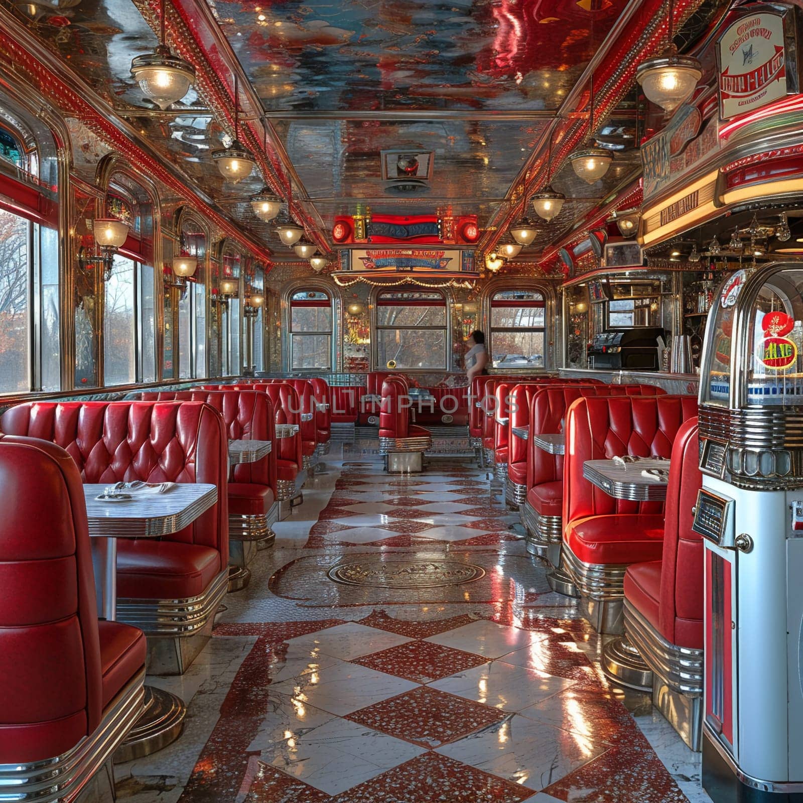 Classic American diner with red leather booths and a jukebox by Benzoix