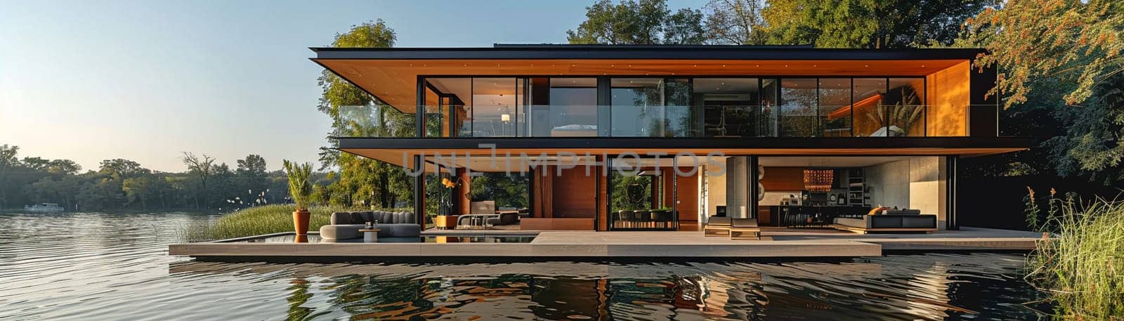 Modern Lakeside Home with Floor-to-Ceiling Windows, lakeside luxury with immersive nature views.