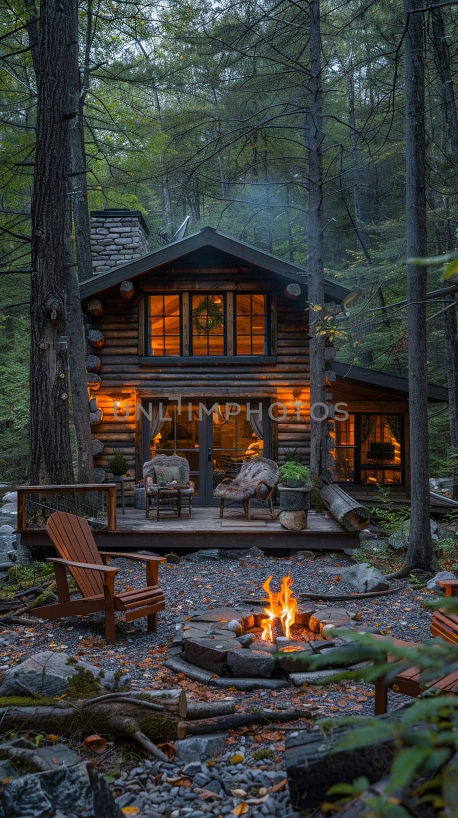 Log Cabin Surrounded by Forest with Outdoor Fire Pit, rustic retreat in nature.