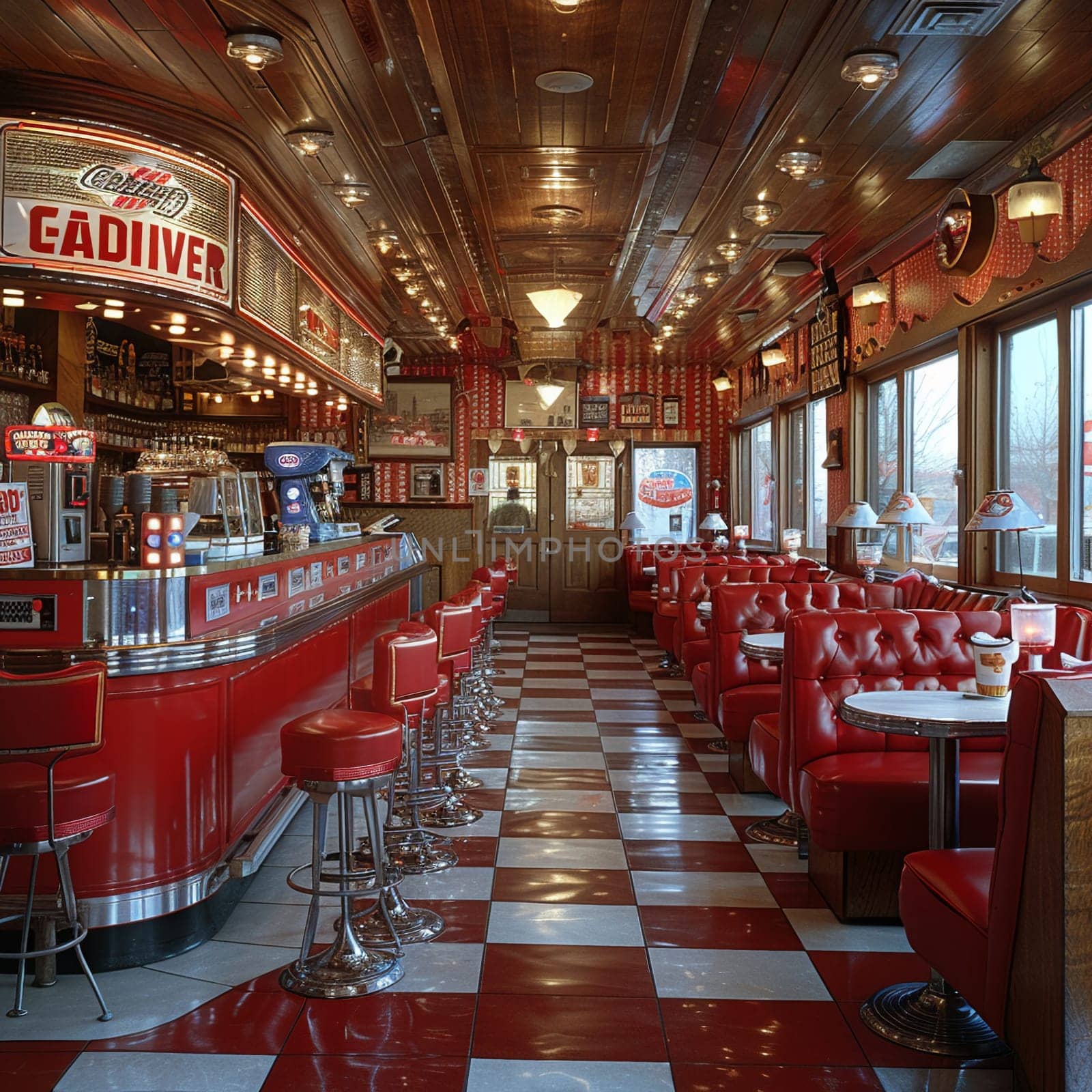 Classic American diner with red leather booths and a jukebox by Benzoix