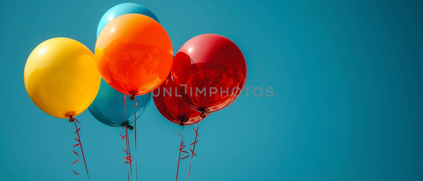 Series of colorful balloons against clear blue sky, representing celebration.