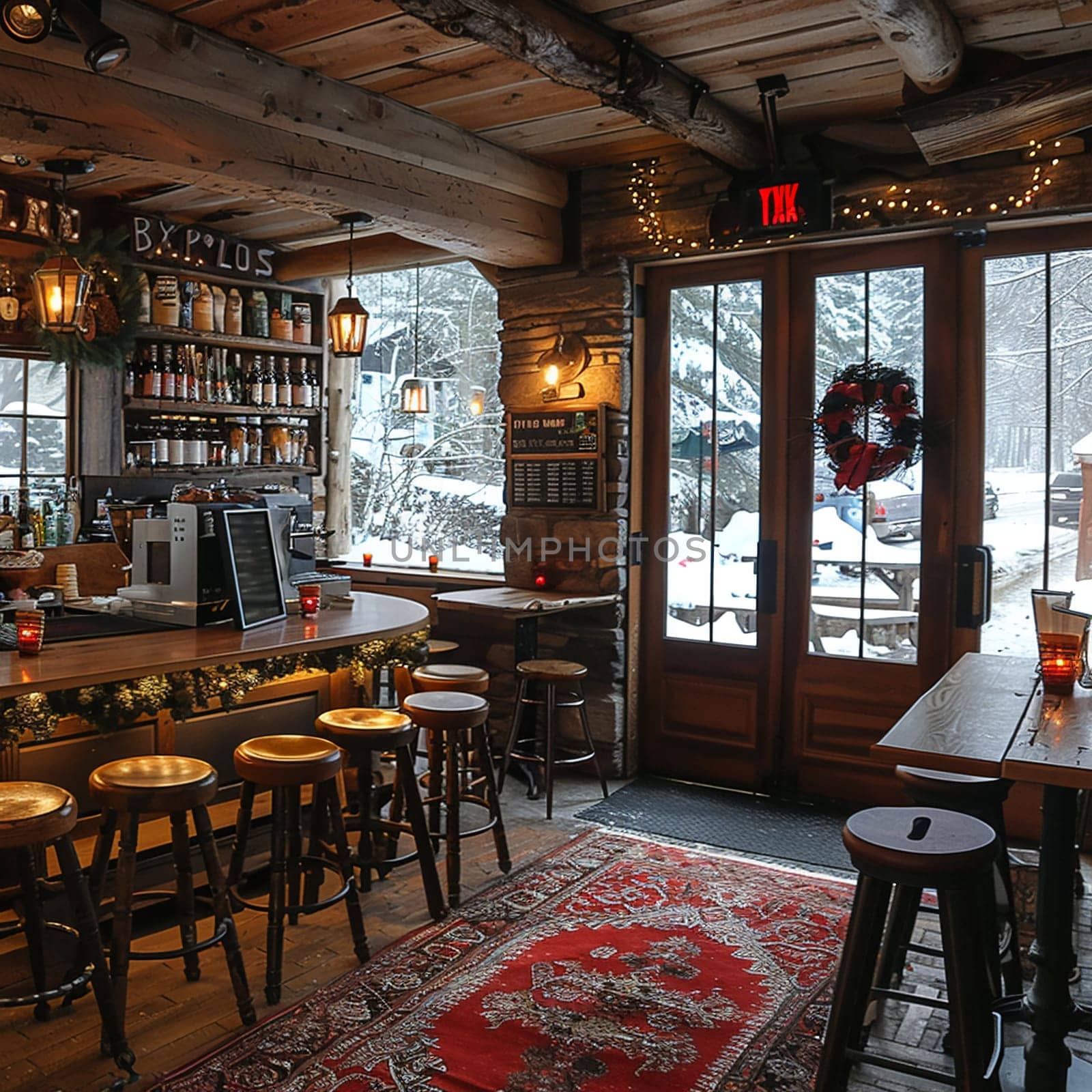 Cozy ski lodge cafe with warm fireplaces, wooden beams, and hot cocoa bar.