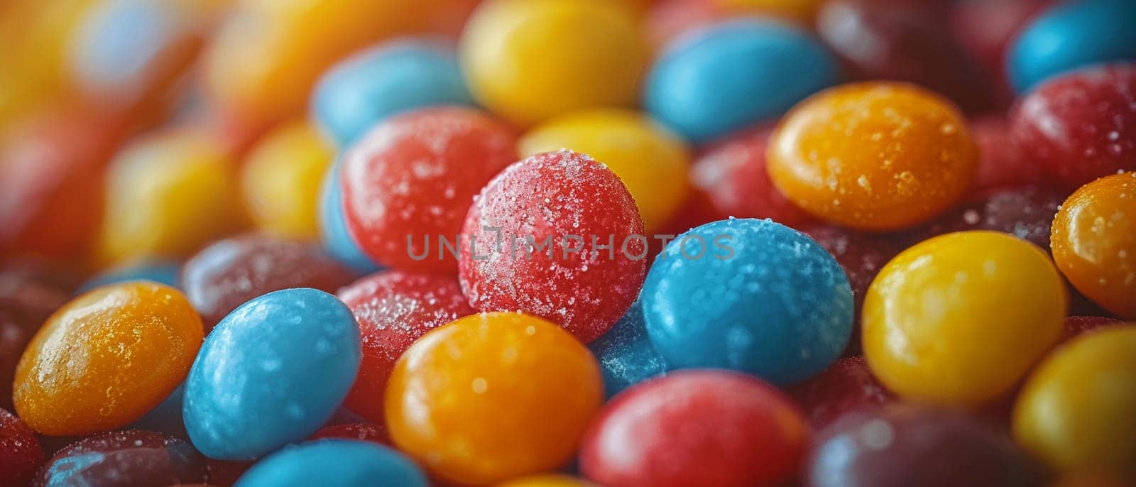 Macro shot of colorful candy, illustrating indulgence and sweetness.