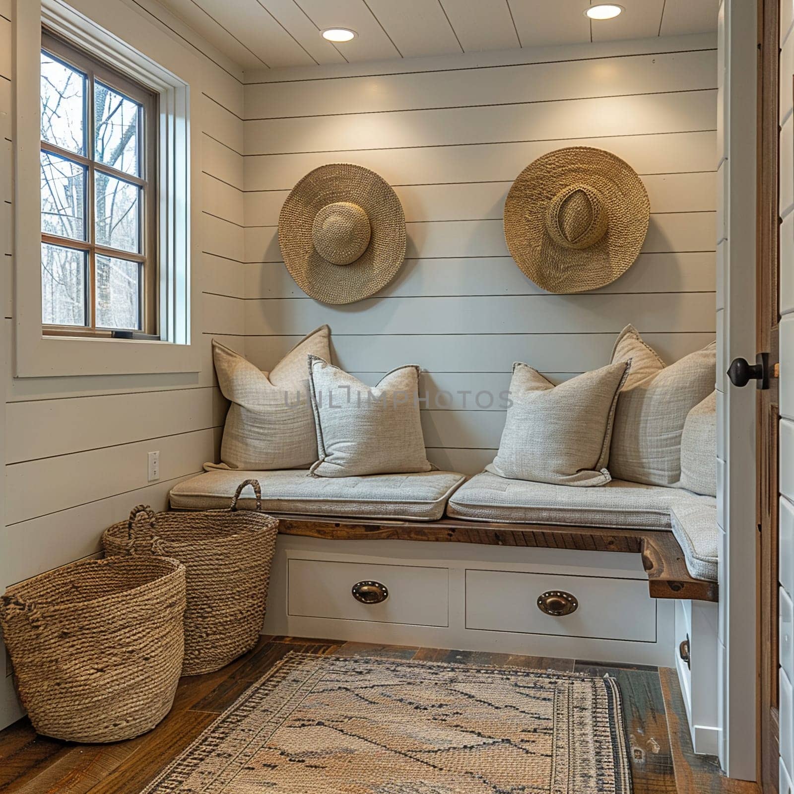 Modern farmhouse mudroom with storage benches and shiplap walls by Benzoix