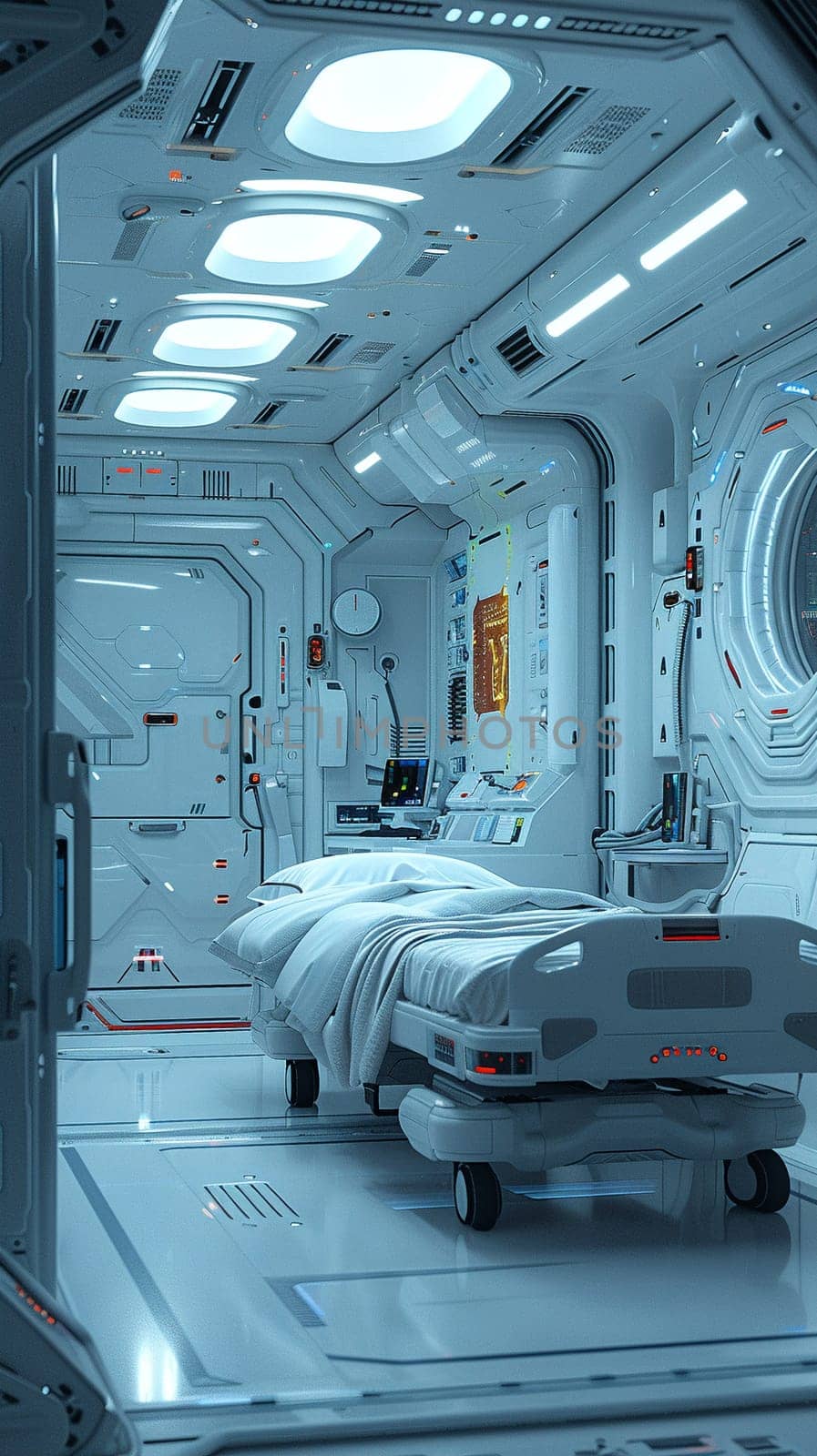 Futuristic hospital patient room with advanced medical tech and patient comfort features