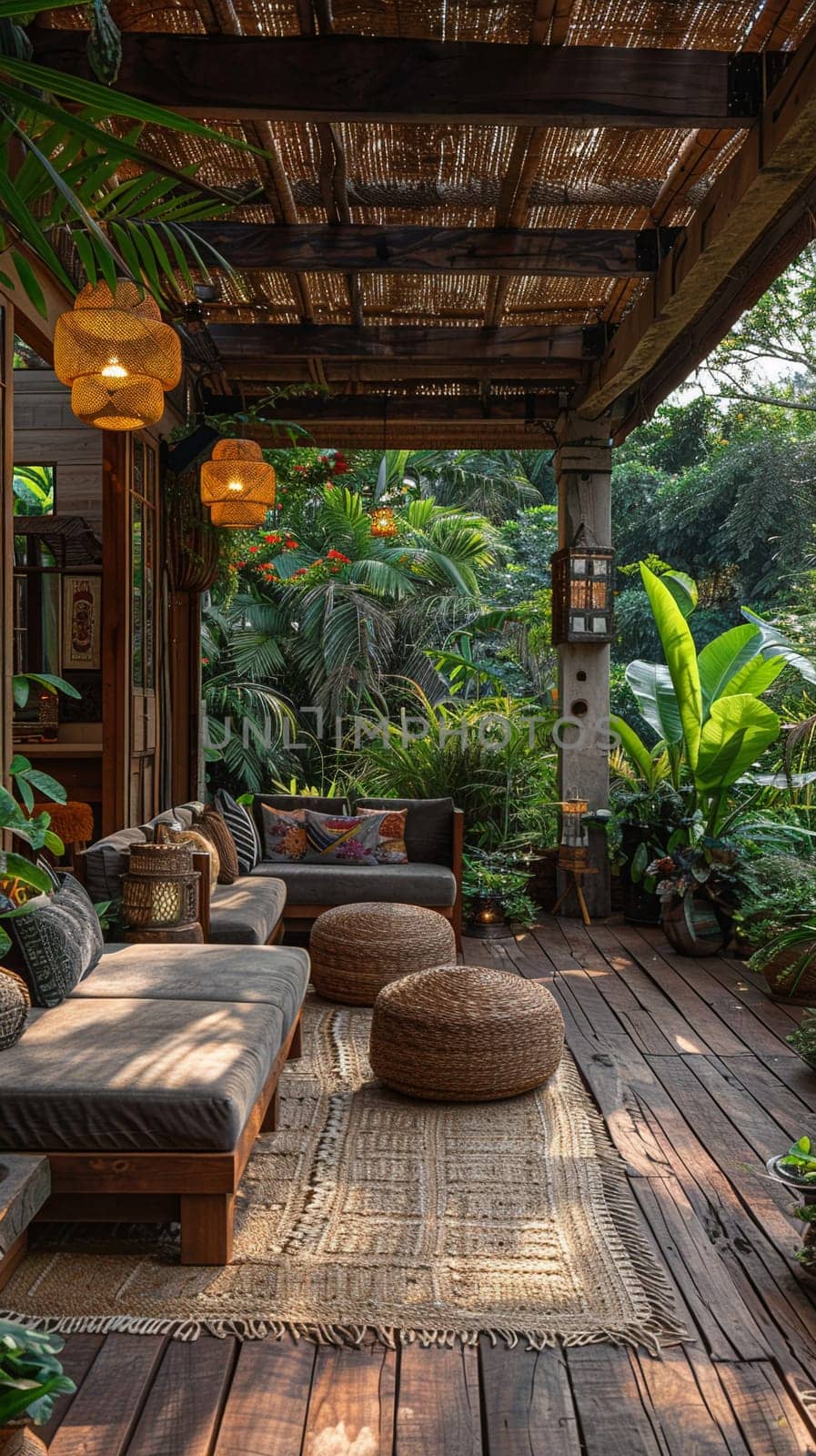 Exotic jungle bungalow with open-air design, natural materials, and tropical plant decor.