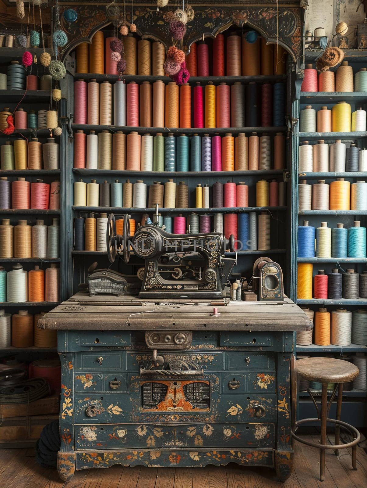 Vintage sewing room with antique machines and walls of colorful thread spools. by Benzoix