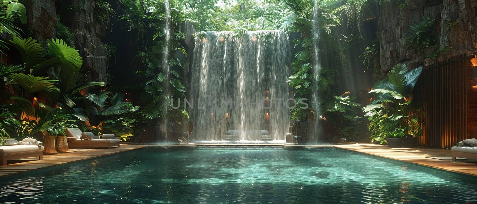 Rainforest-inspired spa with indoor waterfalls and jungle sounds.