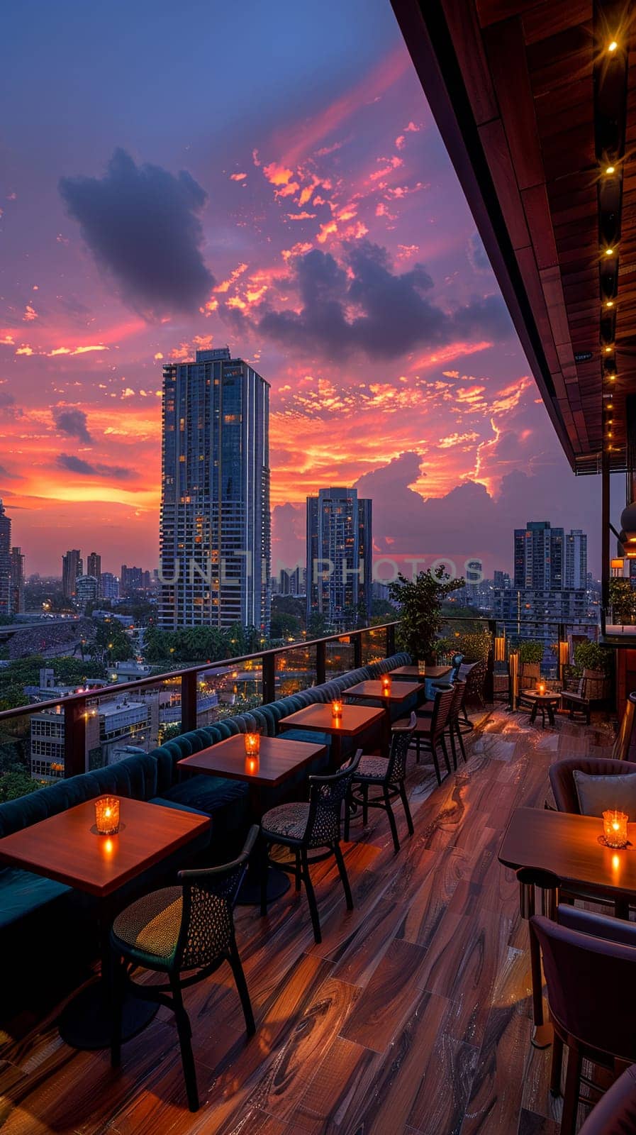 Swanky rooftop bar with panoramic city views and luxe decor.
