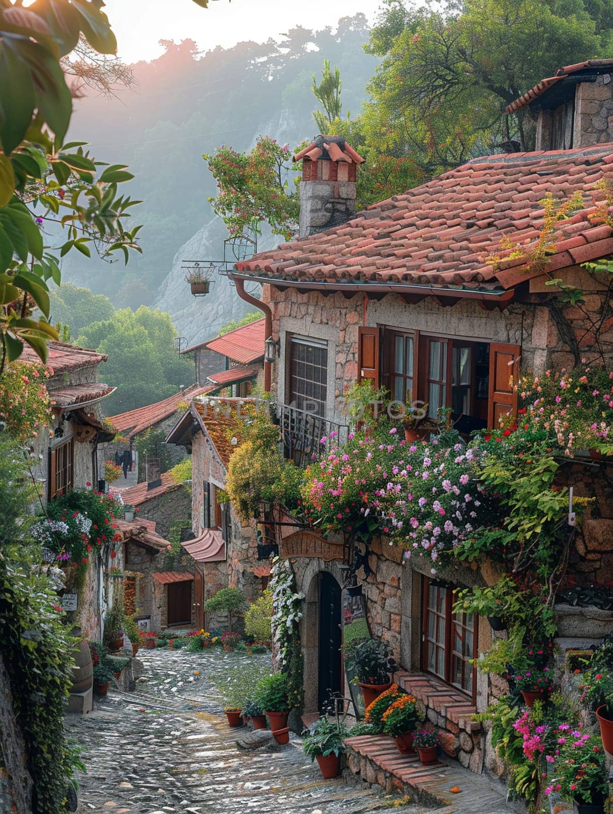 Quaint Village Street with Cobblestones and Flowering Balconies by Benzoix