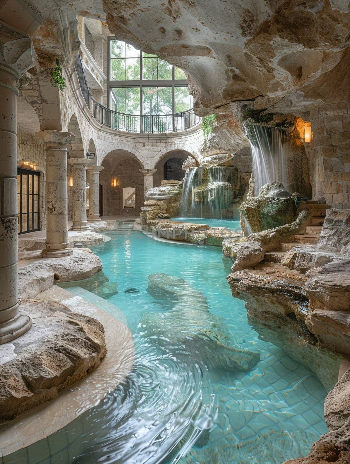 Outdoor-inspired indoor swimming pool with natural rock formations and waterfalls