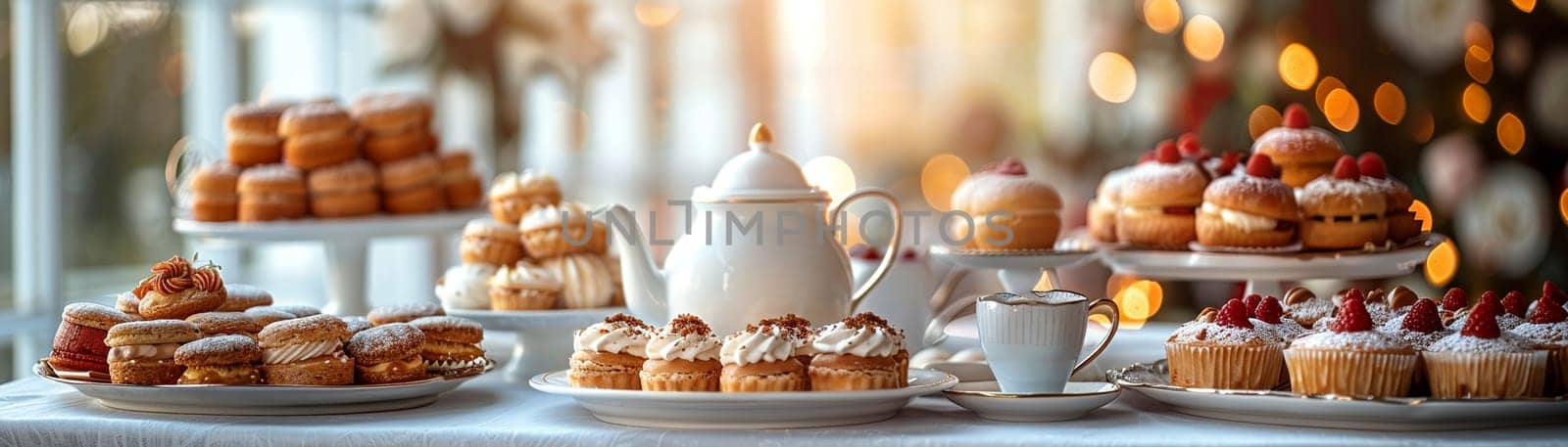 Elegant afternoon tea setup with teapot and pastries, representing leisure and luxury.