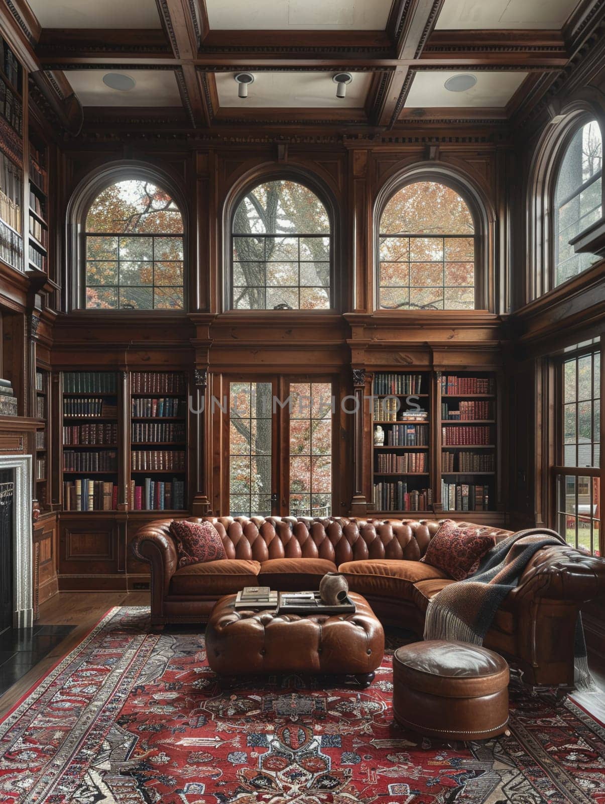 Old-world study with rich wood paneling and a hidden bookcase door.
