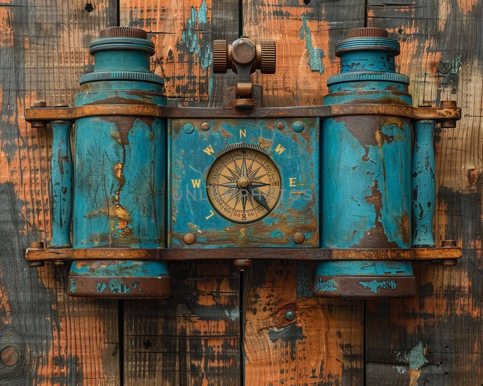 Weathered compass and binoculars on rustic wood, evoking spirit of exploration.
