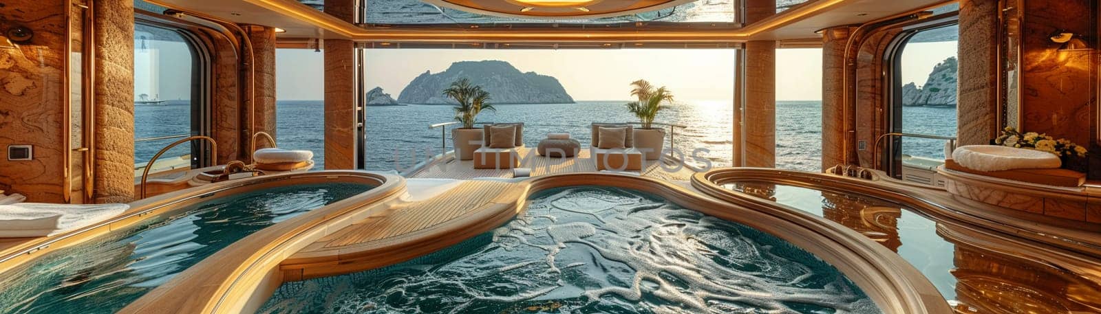 Luxury yacht interior with polished wood, brass fixtures, and panoramic ocean views.