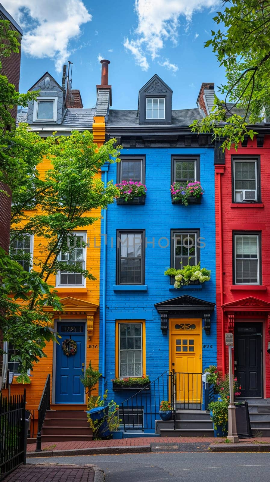 Row of colorful townhouses, exemplifying urban living and real estate.
