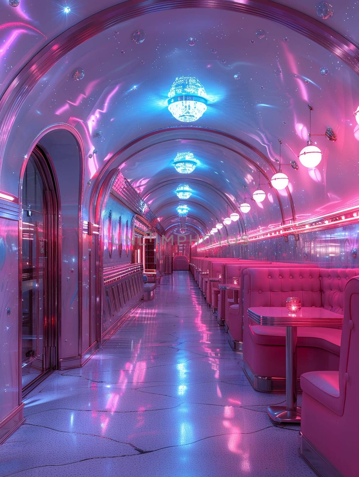 Retro-futuristic diner with chrome accents and neon lighting. by Benzoix