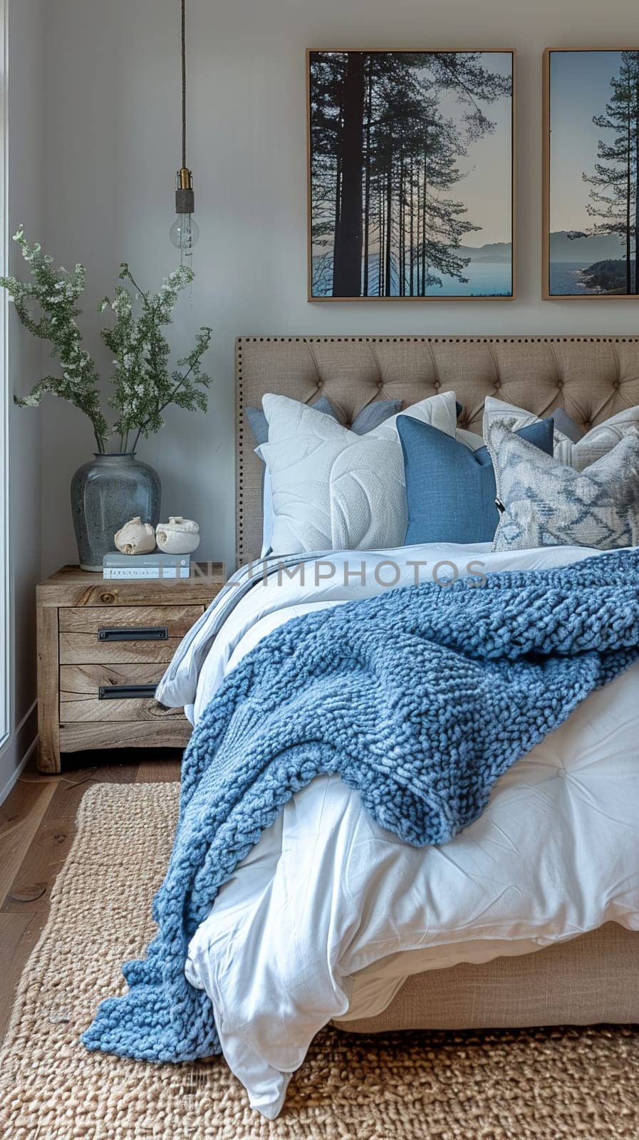 Serene coastal-inspired bedroom with soft blues, driftwood furniture, and ocean artwork.